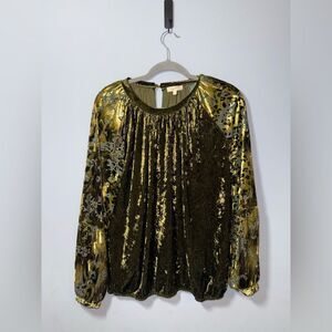 Mystree Green Crushed Velvet Floral Burnout puff sleeves size Med NWOT